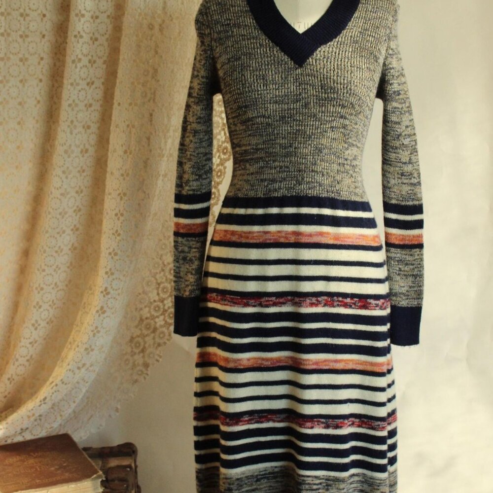 Vintage 1970s Dress, Jon Michael Wool Sweater Dress, Horizontal Striped V Neck - Picture 2 of 13